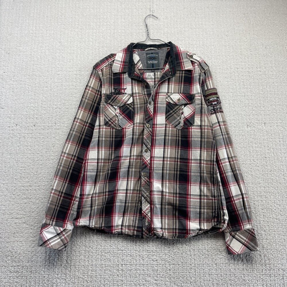 TXT Button up Dress Shirt Plaid Red Grunge Military Patch Western Men Sz L